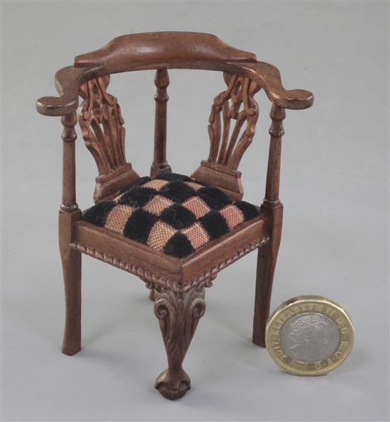 Denis Hillman. A George II style carved mahogany miniature corner armchair, height 3 1/8ins.